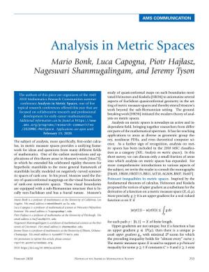 Analysis in Metric Spaces Mario Bonk, Luca Capogna, Piotr Hajłasz, Nageswari Shanmugalingam, and Jeremy Tyson
