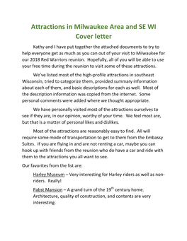 Attractions in Milwaukee Area and SE WI Cover Letter