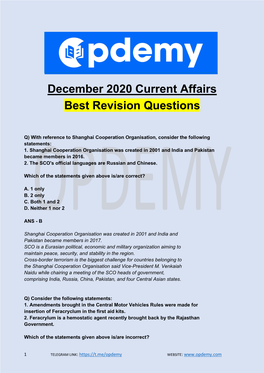 December 2020 Current Affairs Best Revision Questions
