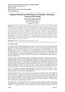 Updated Checklist and Distribution of Mantidae (Mantodea : Insecta) of the World Shveta Patel, Rajendra Singh Department of Zoology D.D.U