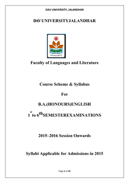 DAV UNIVERSITYJALANDHAR Faculty of Languages and Literature Course Scheme & Syllabus for B.A.(HONOURS)ENGLISH 1 to 6Thseme