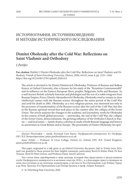 Dimitri Obolensky After the Cold War: Reflections on Saint Vladimir and Orthodoxy J
