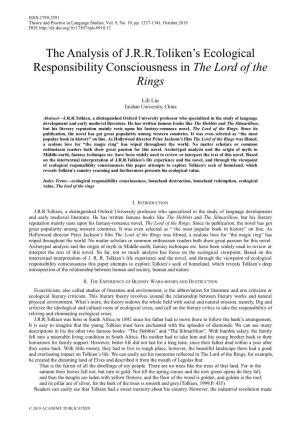 The Analysis of JRR Toliken's Ecological Responsibility Consciousness in the Lord of the Rings