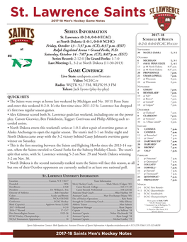 St. Lawrence Saints 2017-18 Men’S Hockey Game Notes