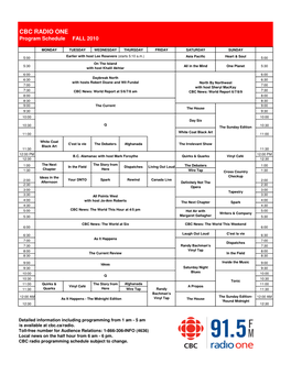 CBC RADIO ONE Program Schedule FALL 2010