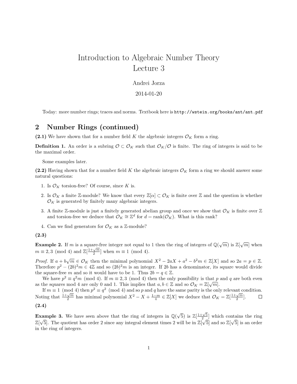 Introduction to Algebraic Number Theory Lecture 3