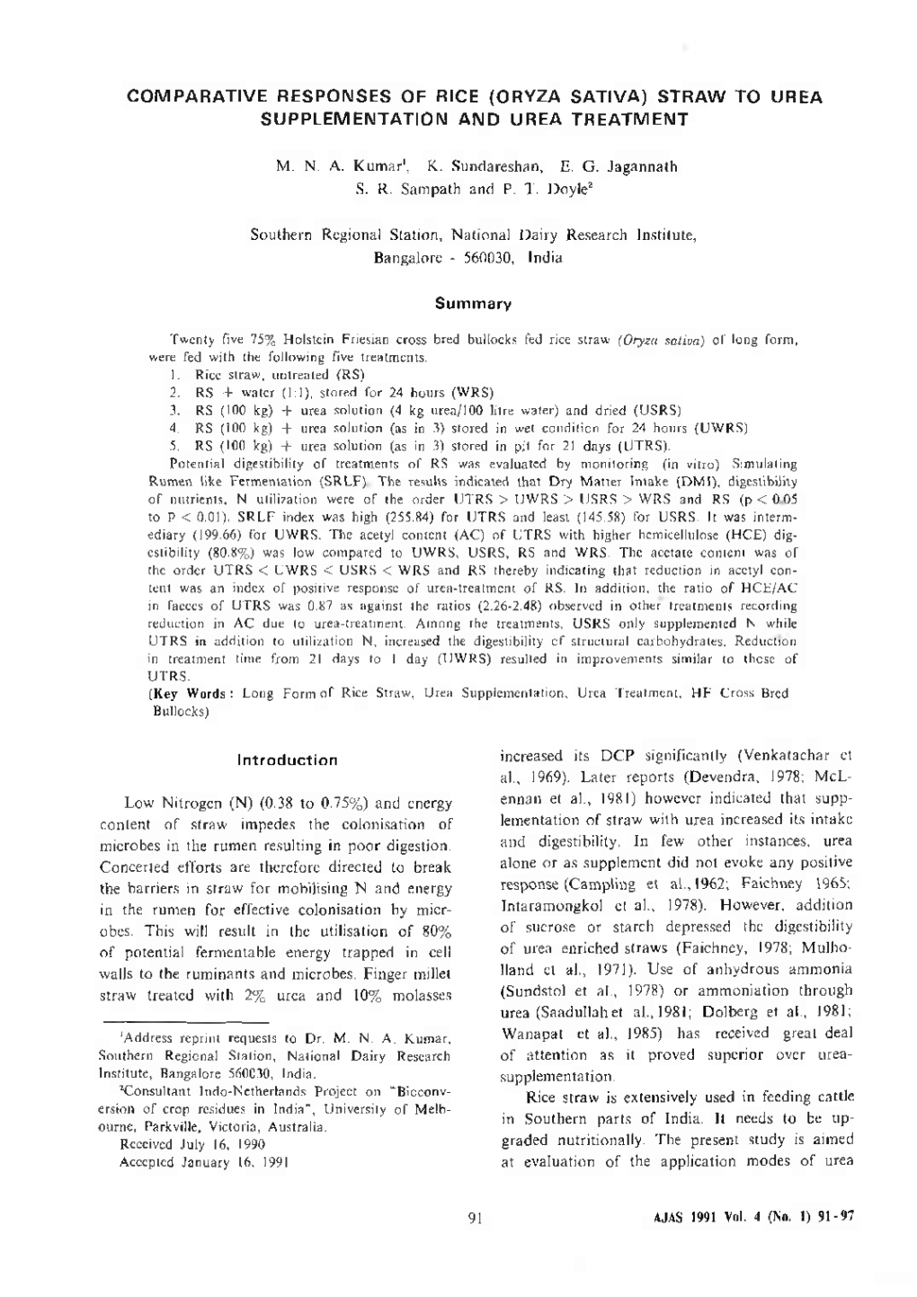 Comparative Responses of Rice (Oryza Sativa) Straw to Urea Supplementation and Urea Treatment