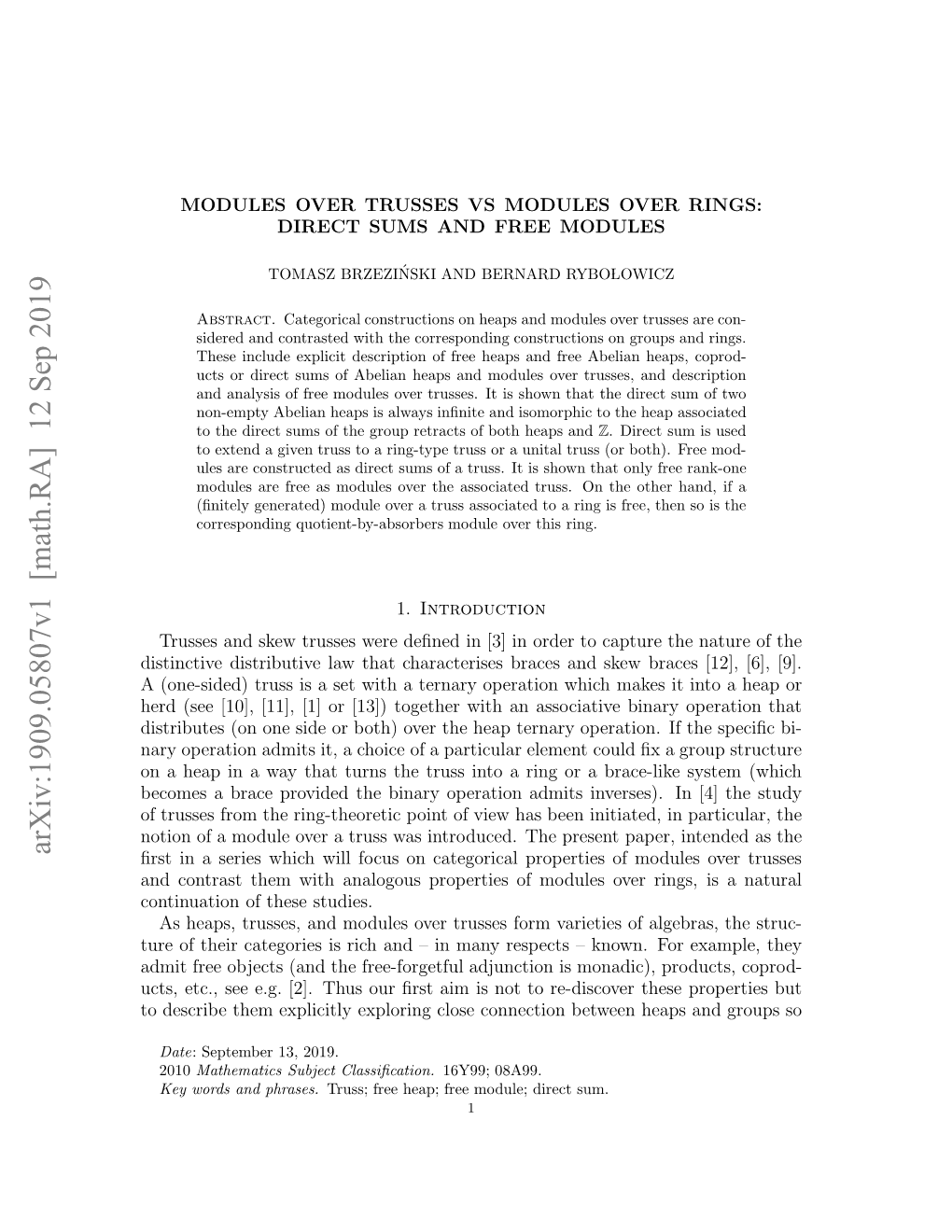 Arxiv:1909.05807V1 [Math.RA] 12 Sep 2019 Cs T