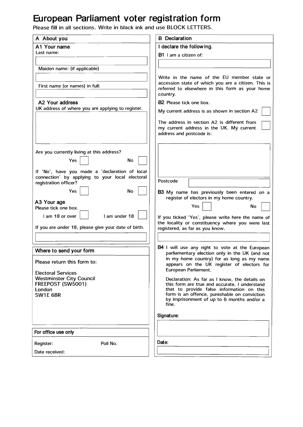 European Parliament Voter Registration Form Please Fill in All Sections