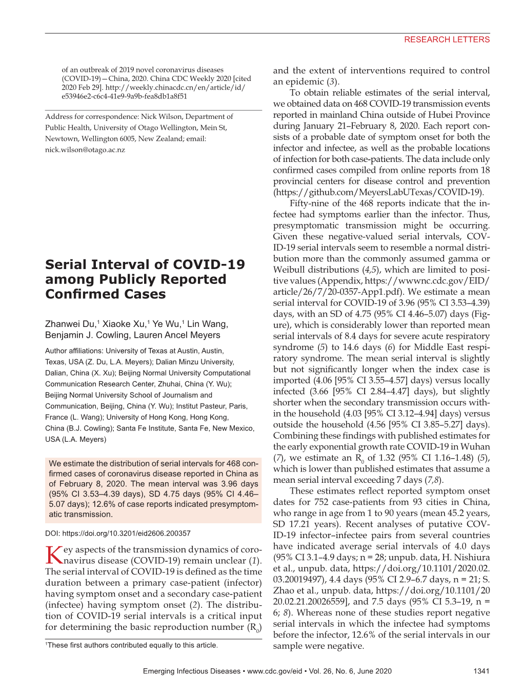 Serial Interval of COVID-19 Among Publicly Reported Confirmed Cases