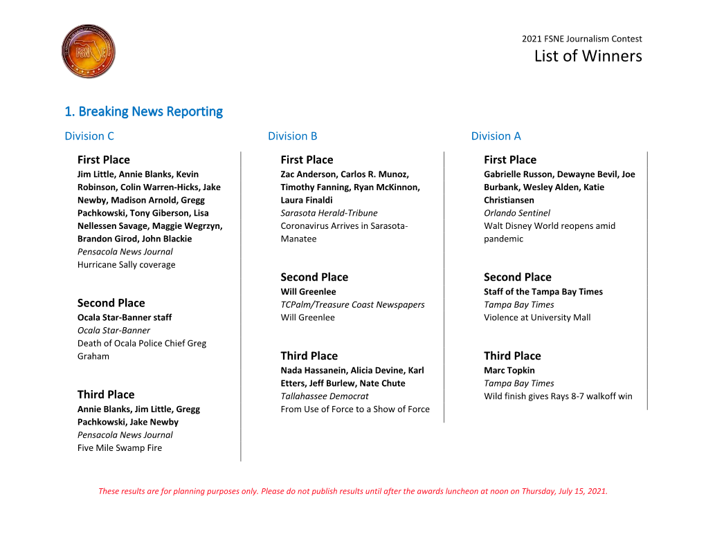 2021 FSNE Journalism Contest List of Winners