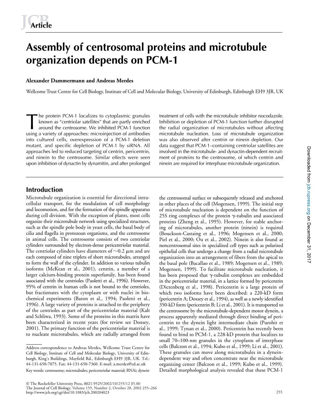 Assembly of Centrosomal Proteins and Microtubule Organization Depends on PCM-1