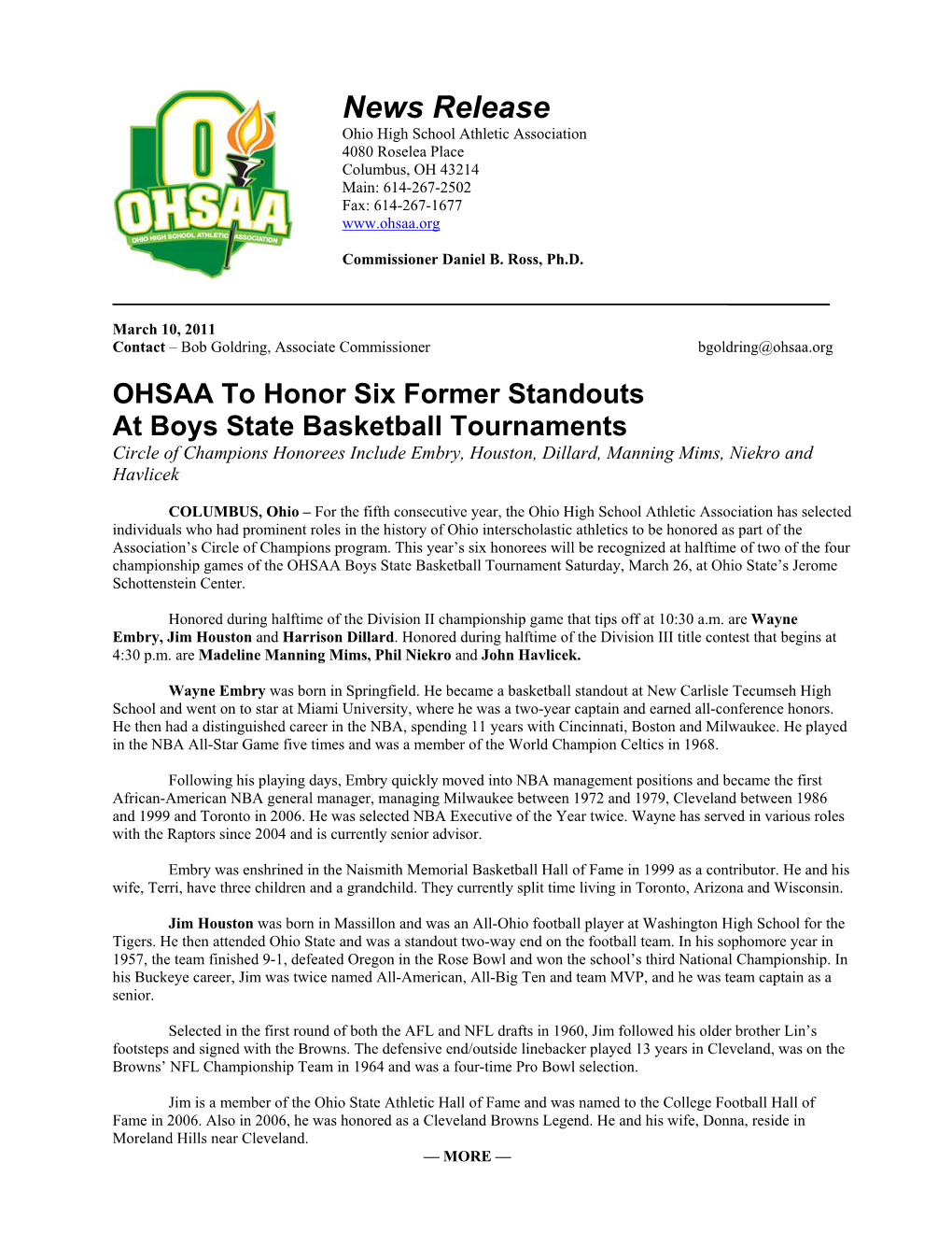 News Release Ohio High School Athletic Association 4080 Roselea Place Columbus, OH 43214 Main: 614-267-2502 Fax: 614-267-1677