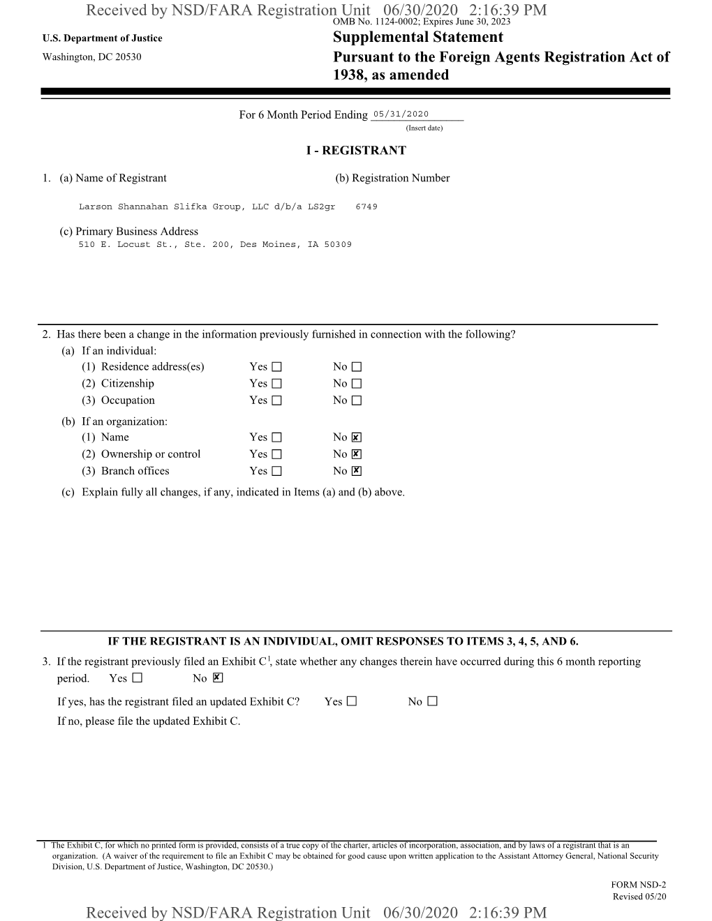 Supplemental Statement Washington, DC 20530 Pursuant to the Foreign Agents Registration Act of 1938, As Amended