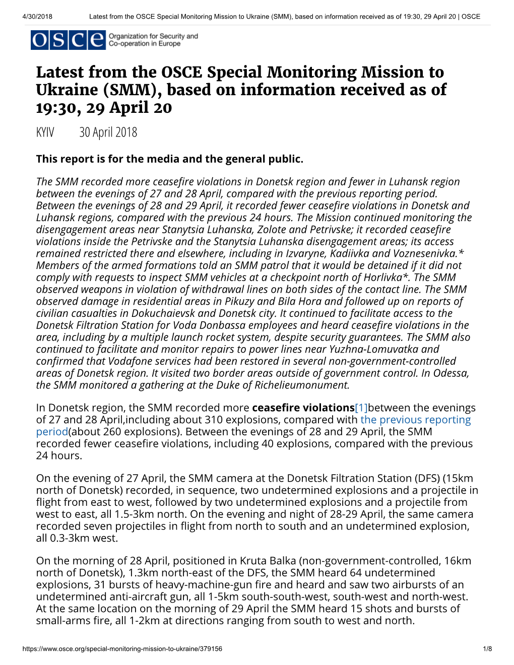 Latest from the OSCE Special Monitoring Mission to Ukraine (SMM), Based on Information Received As of 19:30, 29 April 20 | OSCE