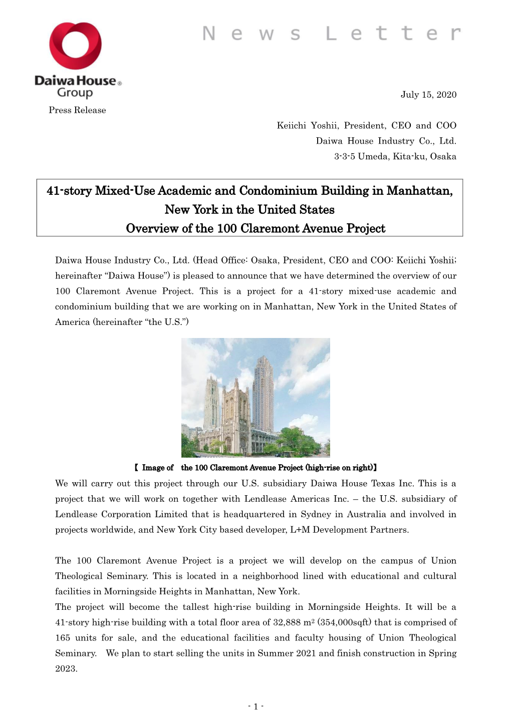 41-Story Mixed-Use Academic and Condominium Building in Manhattan, New York in the United States Overview of the 100 Claremont Avenue Project