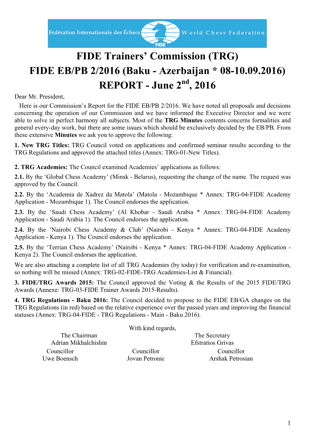 FIDE Trainers' Commission (TRG) FIDE EB/PB 2/2016