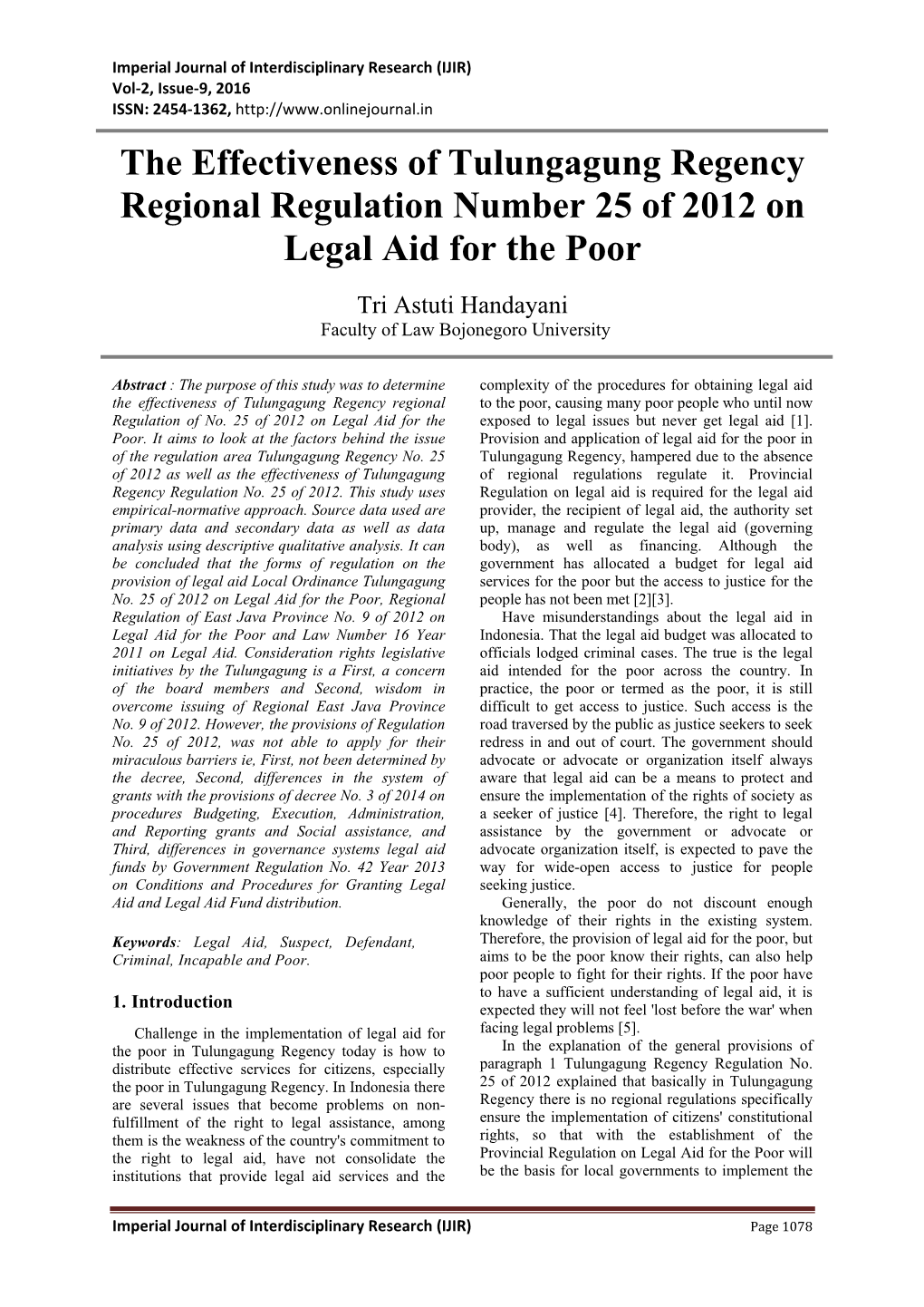 The Effectiveness of Tulungagung Regency Regional Regulation Number 25 of 2012 on Legal Aid for the Poor