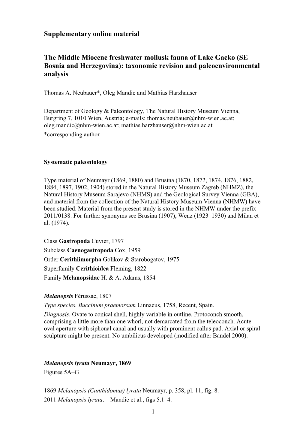 The Middle Miocene Freshwater Mollusk Fauna of Lake Gacko (SE Bosnia and Herzegovina): Taxonomic Revision and Paleoenvironmental Analysis
