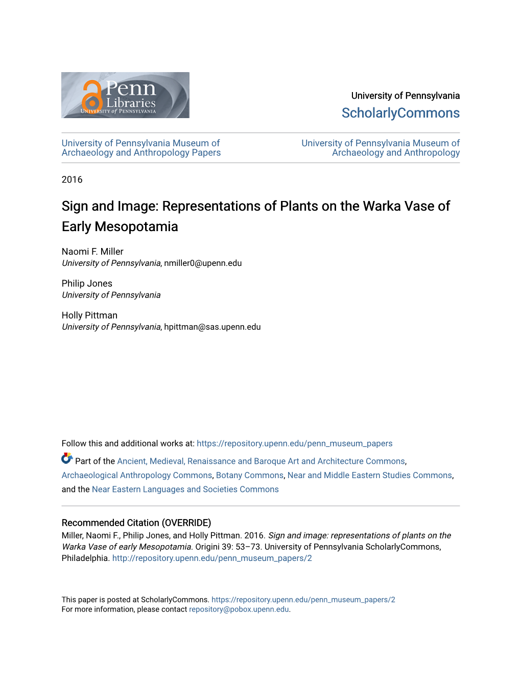 Representations of Plants on the Warka Vase of Early Mesopotamia