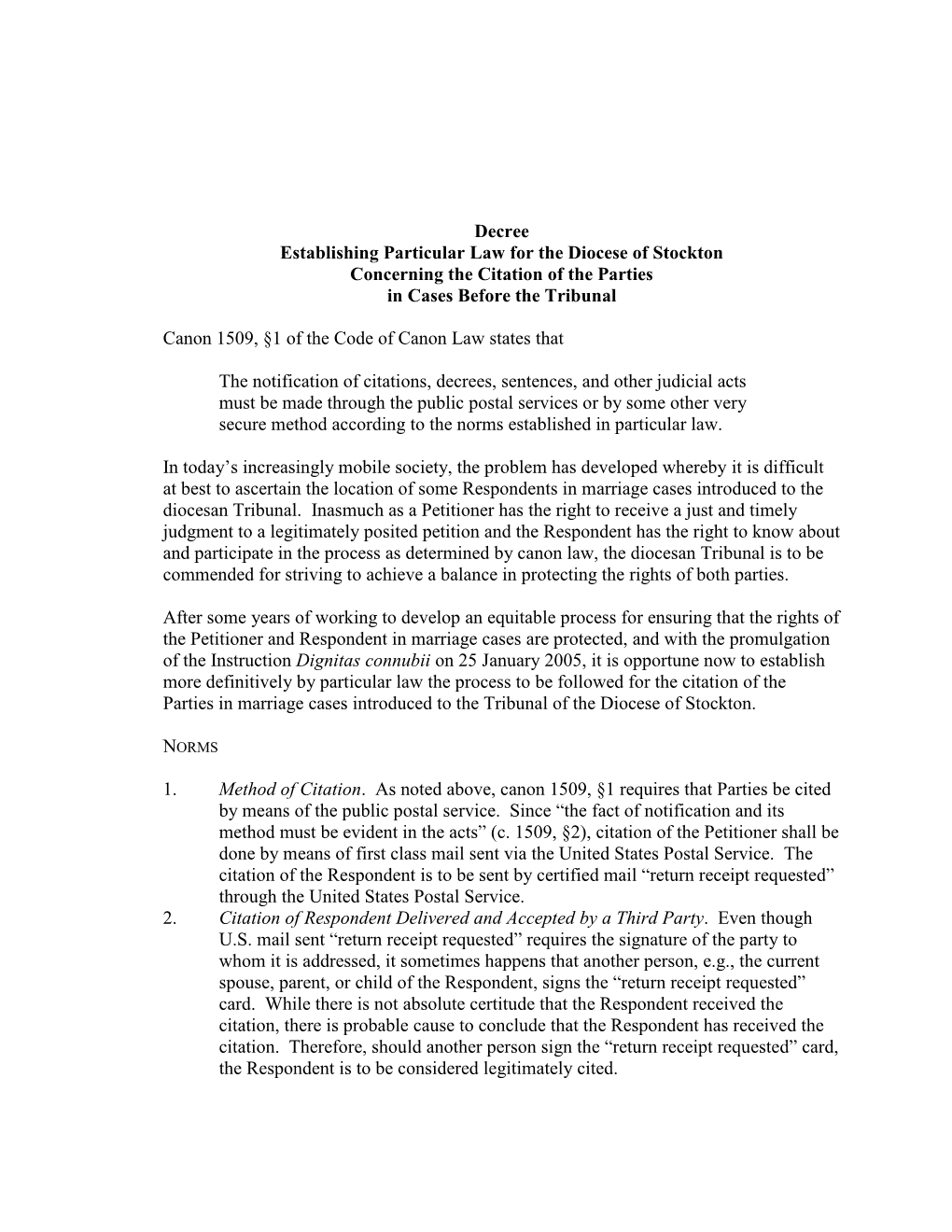 Decree Establishing Particular Law for the Diocese of Stockton Concerning the Citation of the Parties in Cases Before the Tribunal