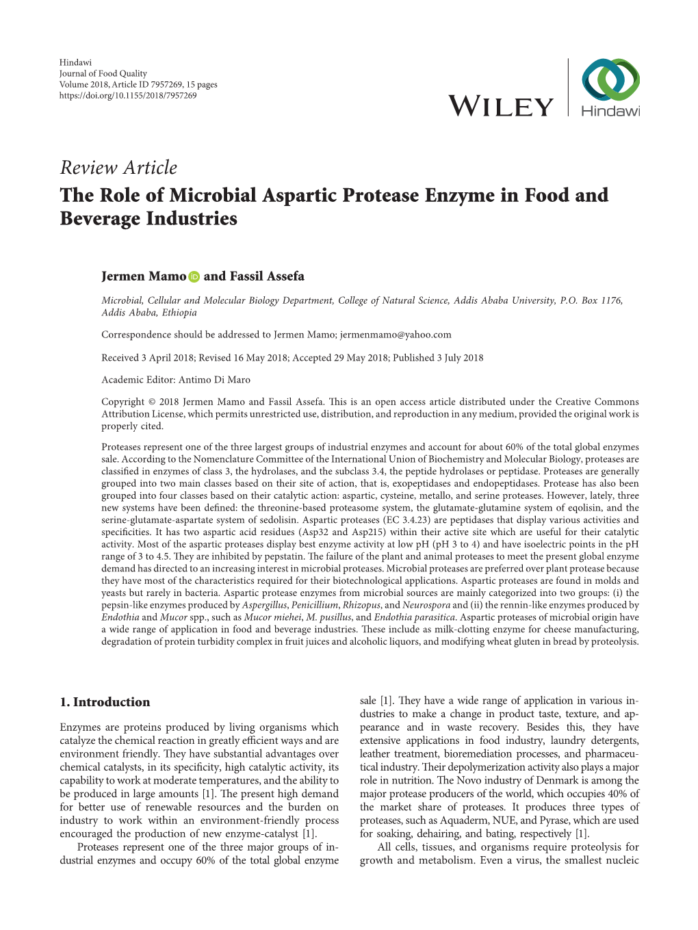 Review Article the Role of Microbial Aspartic Protease Enzyme in Food and Beverage Industries