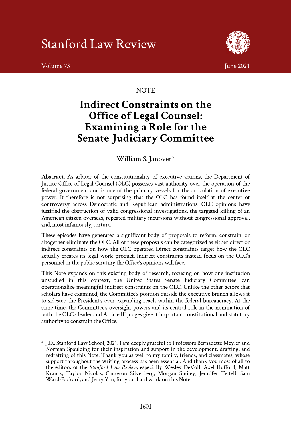 Indirect Constraints on the Office of Legal Counsel: Examining a Role for the Senate Judiciary Committee