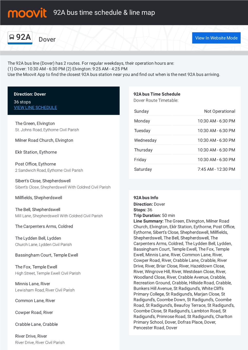 92A Bus Time Schedule & Line Route