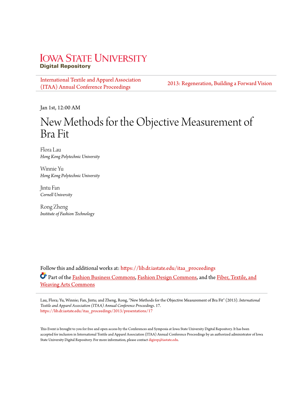 New Methods for the Objective Measurement of Bra Fit Flora Lau Hong Kong Polytechnic University