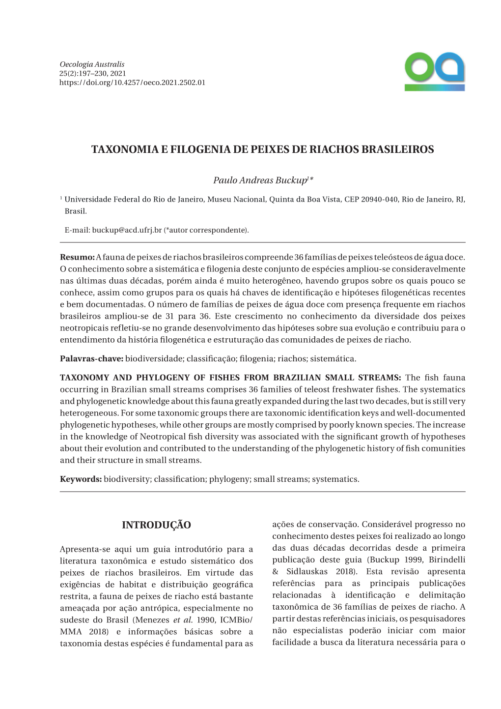 Taxonomia E Filogenia De Peixes De Riachos Brasileiros