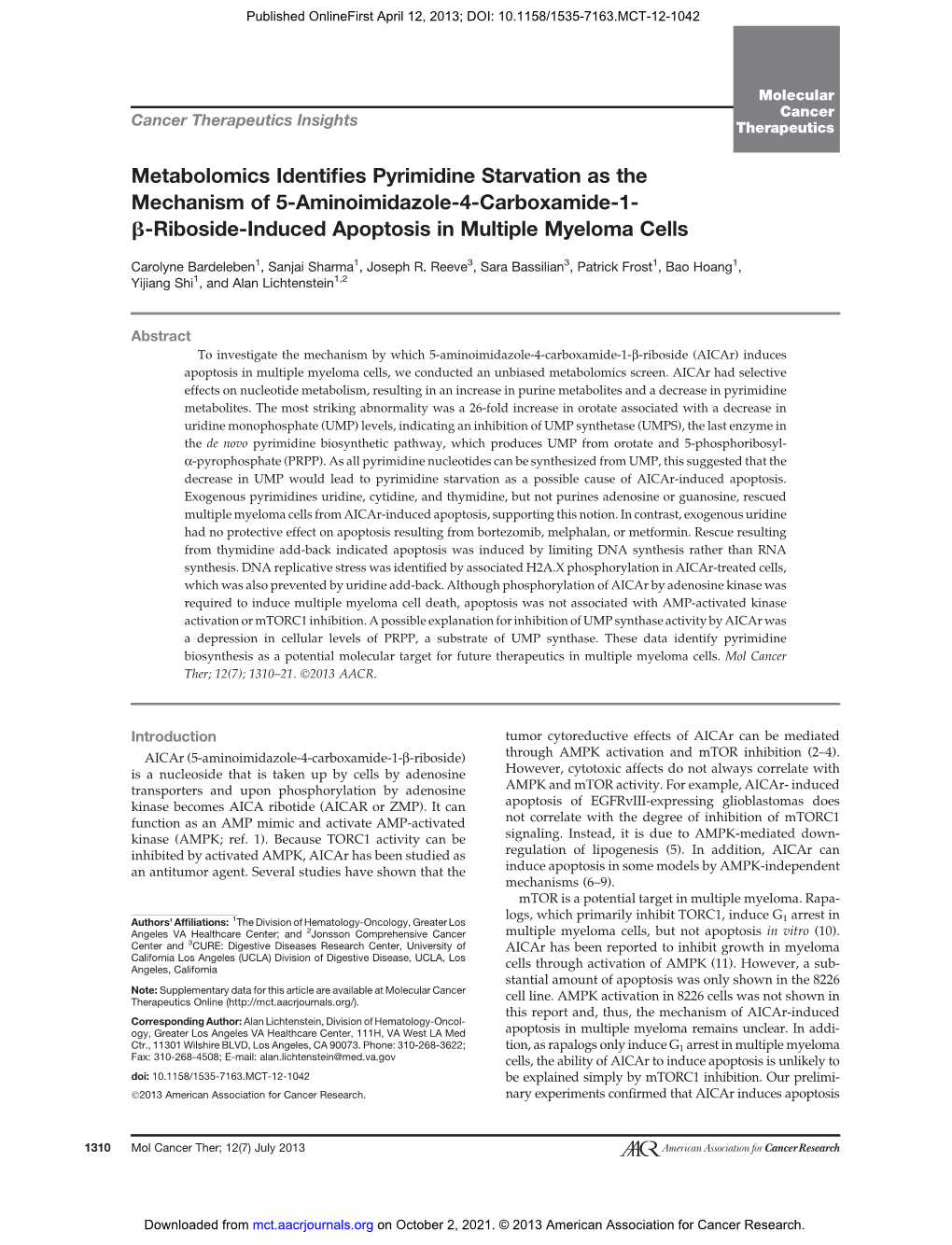 Metabolomics Identifies Pyrimidine Starvation As the Mechanism of 5-Aminoimidazole-4-Carboxamide-1- Β-Riboside-Induced Apoptosis in Multiple Myeloma Cells