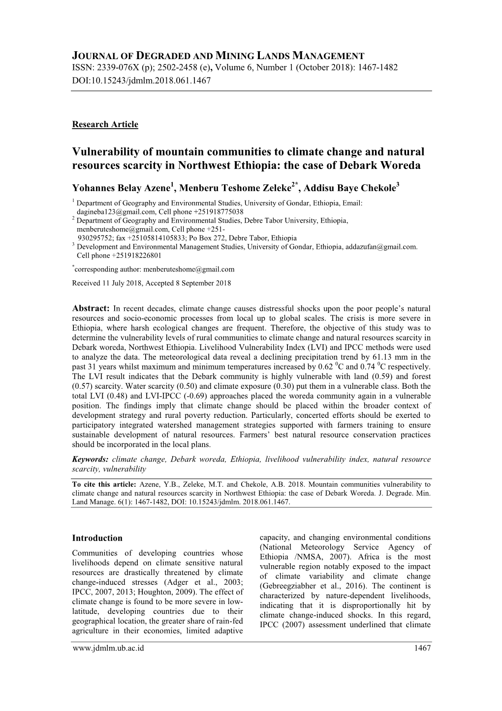 Vulnerability of Mountain Communities to Climate Change and Natural Resources Scarcity in Northwest Ethiopia: the Case of Debark Woreda