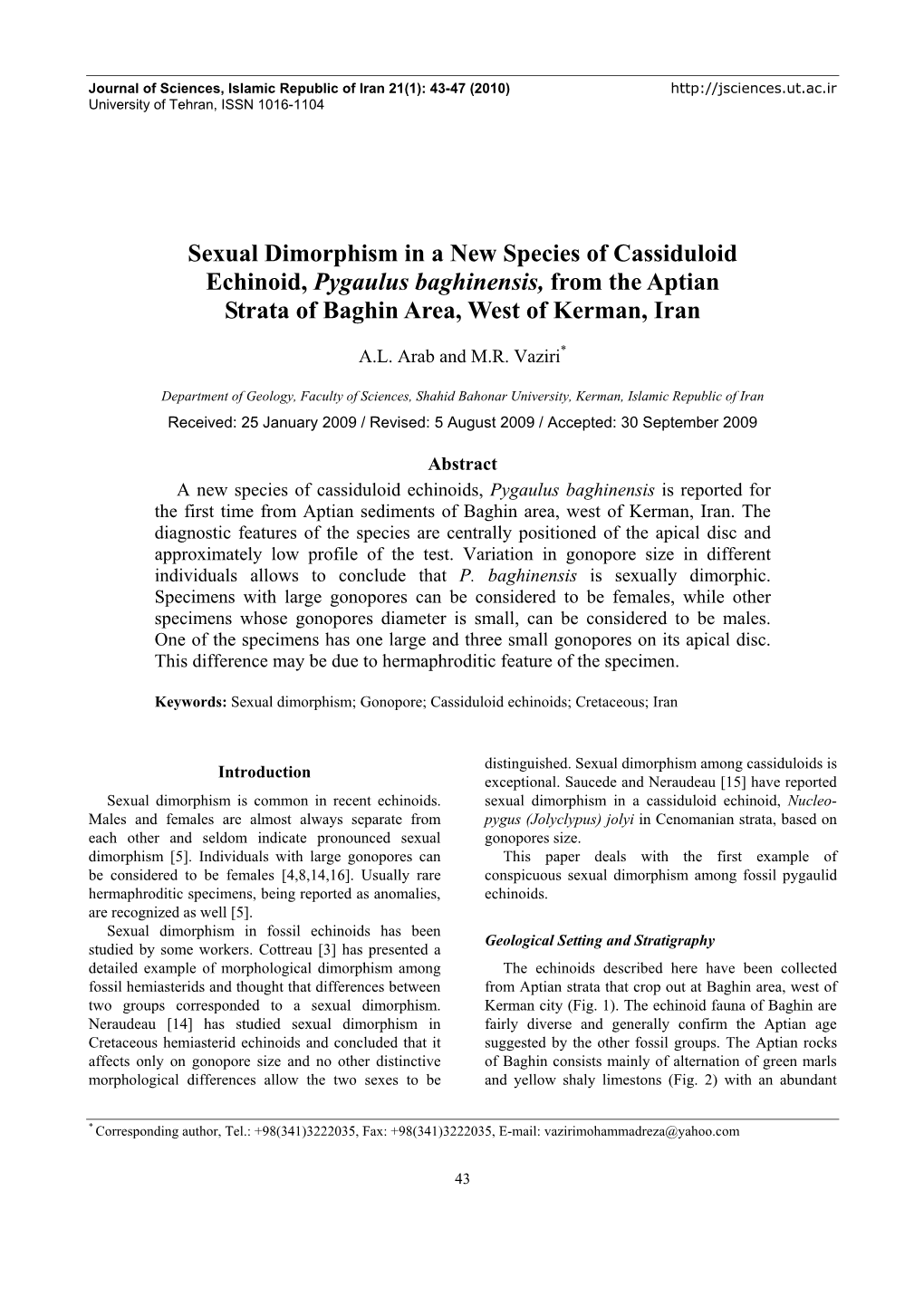 Sexual Dimorphism in a New Species of Cassiduloid Echinoid, Pygaulus Baghinensis, from the Aptian Strata of Baghin Area, West of Kerman, Iran