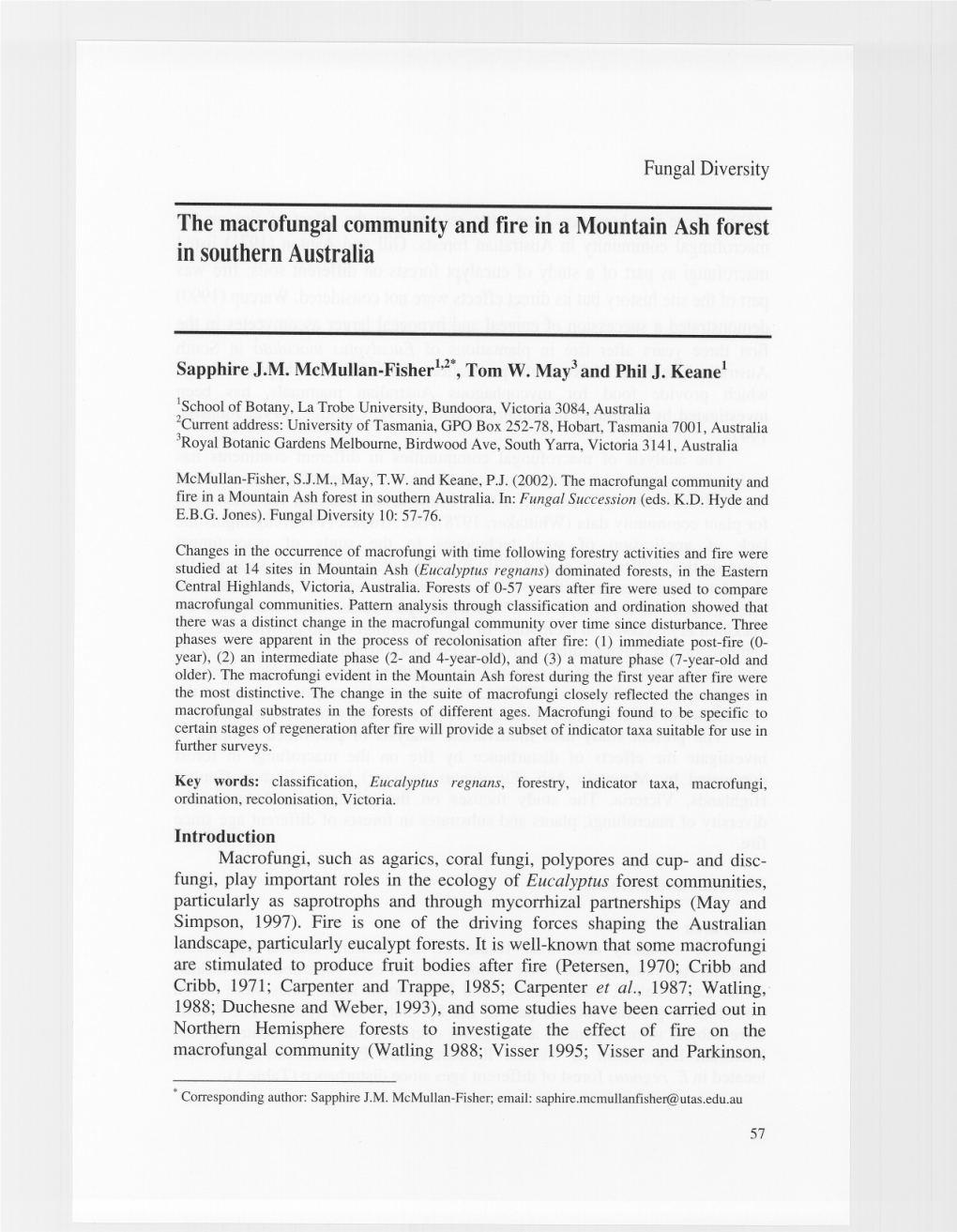 The Macrofungal Community and Fire in a Mountain Ash Forest in Southern Australia