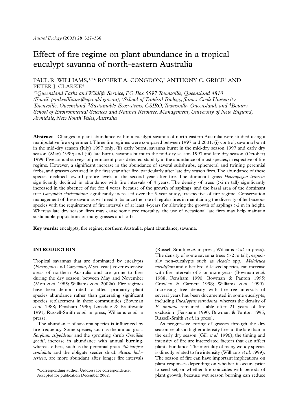 Effect of Fire Regime on Plant Abundance in a Tropical Eucalypt