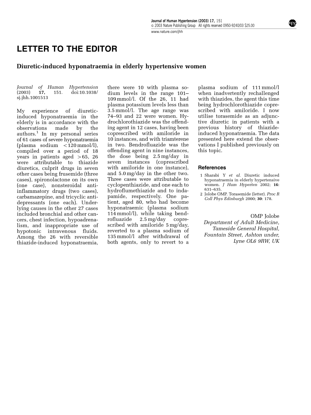 Diuretic-Induced Hyponatraemia in Elderly Hypertensive Women