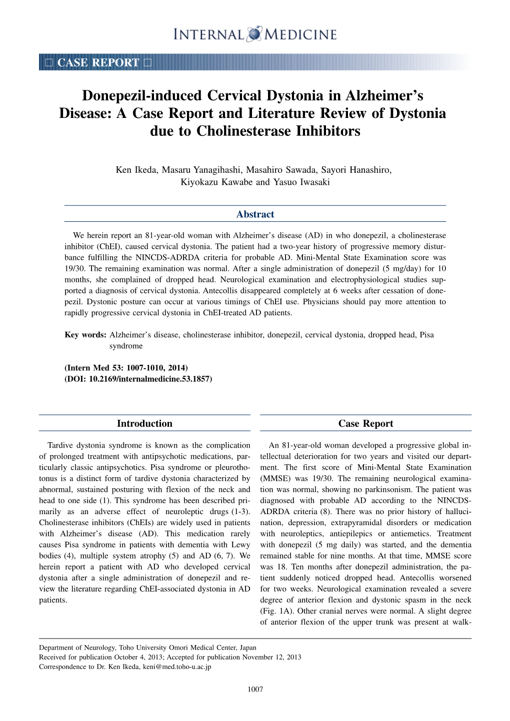 Donepezil-Induced Cervical Dystonia in Alzheimer's Disease: a Case