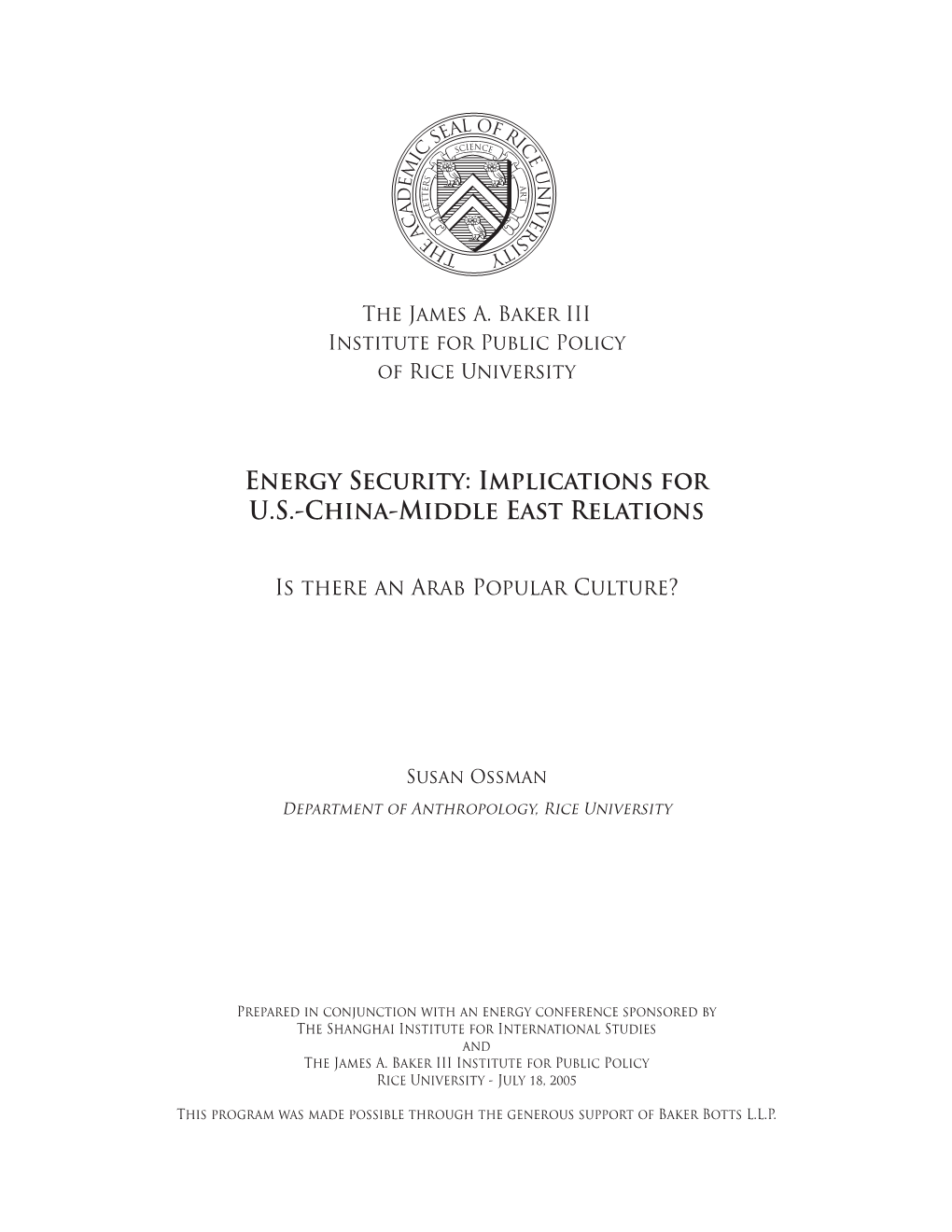 Energy Security: Implications for U.S.-China-Middle East Relations