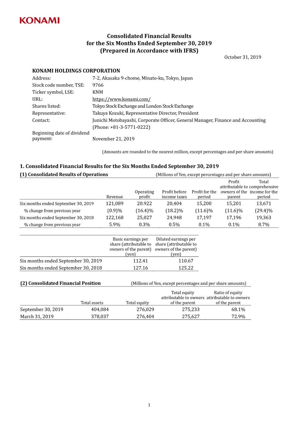 Consolidated Financial Results for the Six Months Ended September 30, 2019 (Prepared in Accordance with IFRS) October 31, 2019