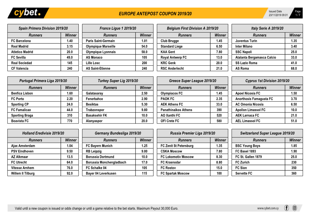 Europe Antepost Coupon 2019/20 23/11/2019 09:01 1 / 7