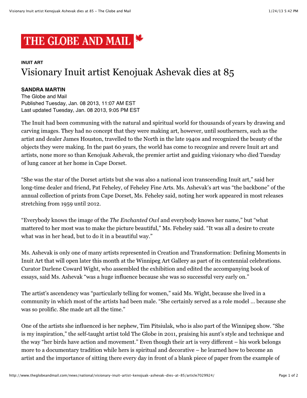 Visionary Inuit Artist Kenojuak Ashevak Dies at 85 - the Globe and Mail 1/24/13 5:42 PM