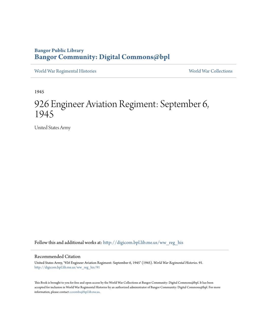 926 Engineer Aviation Regiment: September 6, 1945 United States Army