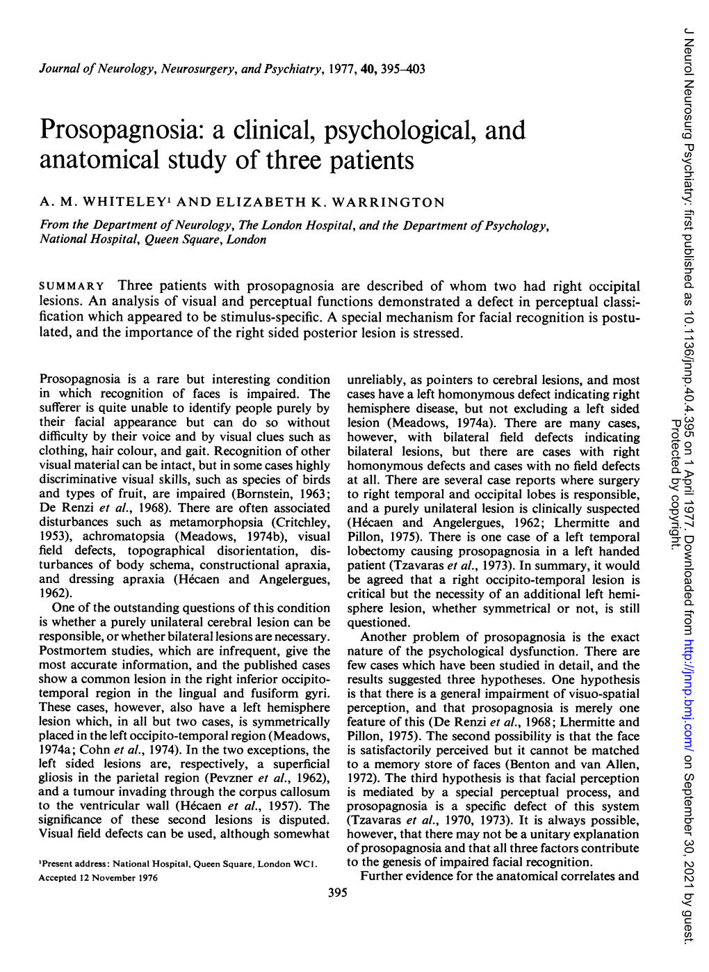 Prosopagnosia: a Clinical, Psychological, and Anatomical Study of Three Patients