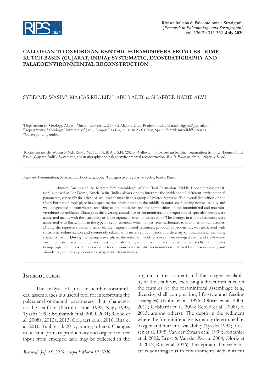 Callovian to Oxfordian Benthic Foraminifera from Ler Dome, Kutch Basin (Gujarat, India): Systematic, Ecostratigraphy and Palaeoenvironmental Reconstruction