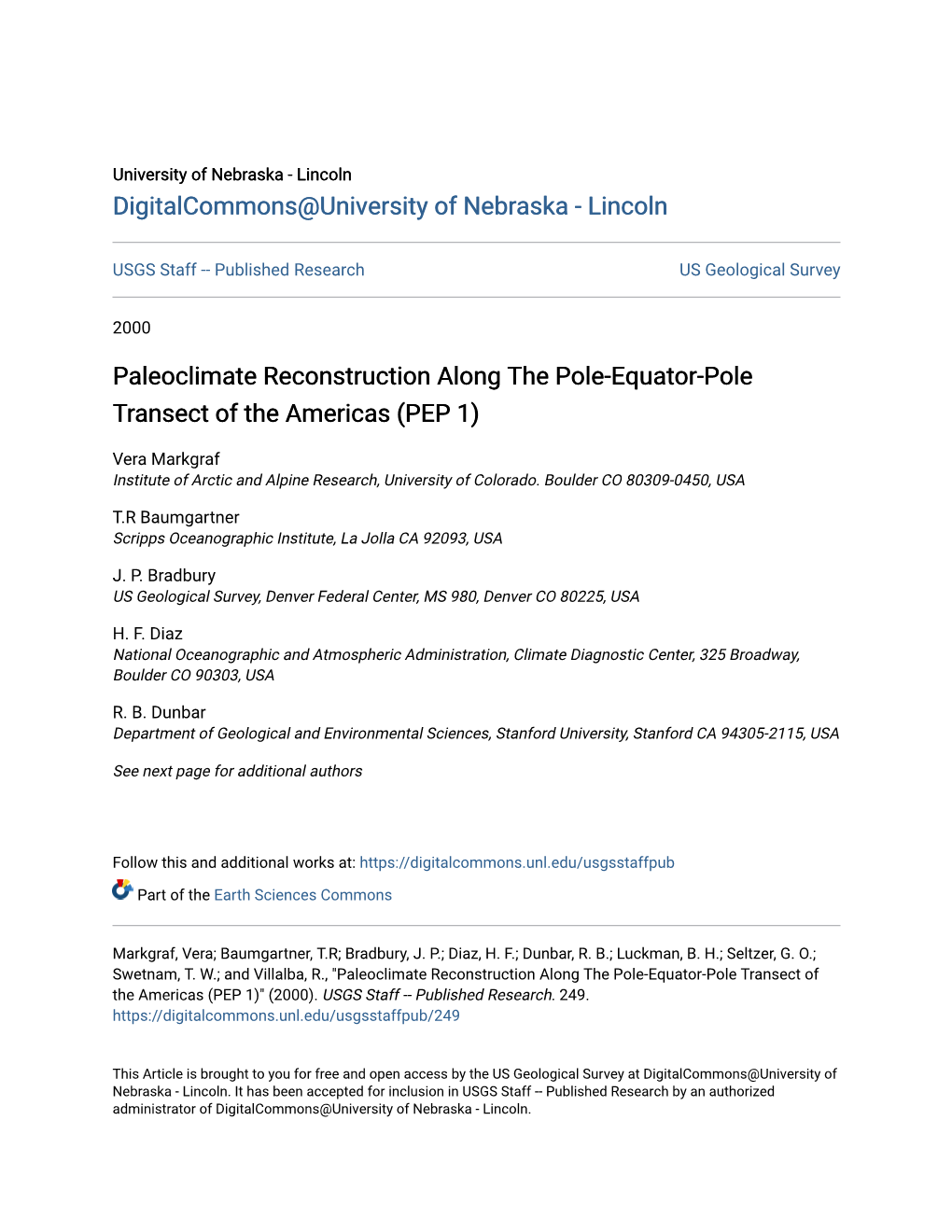 Paleoclimate Reconstruction Along the Pole-Equator-Pole Transect of the Americas (PEP 1)