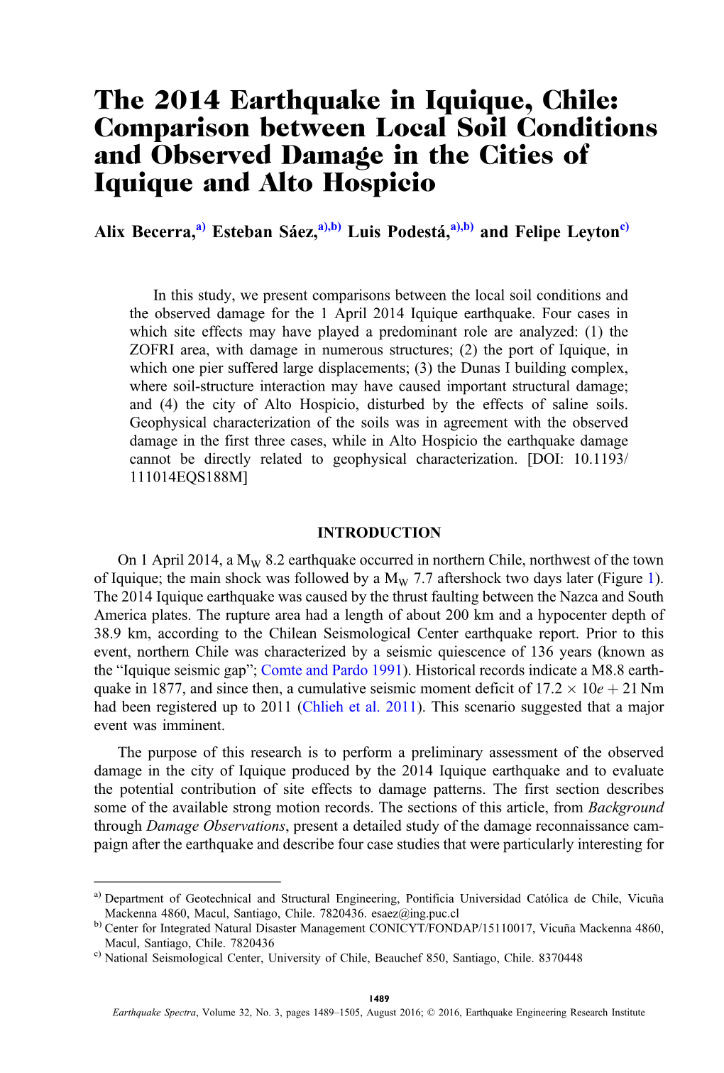 The 2014 Earthquake in Iquique, Chile: Comparison Between Local Soil Conditions and Observed Damage in the Cities of Iquique and Alto Hospicio