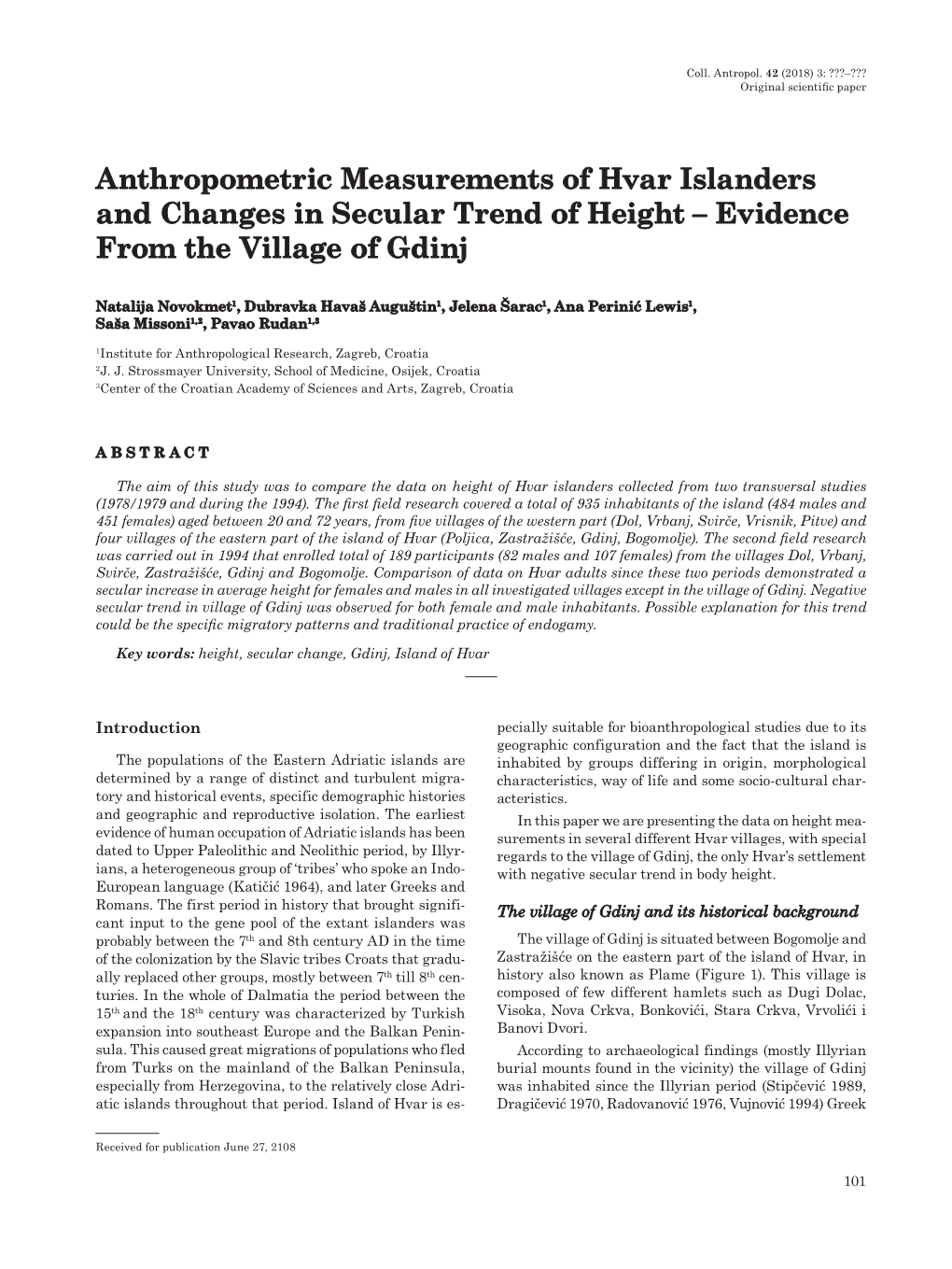 Anthropometric Measurements of Hvar Islanders and Changes in Secular Trend of Height – Evidence from the Village of Gdinj