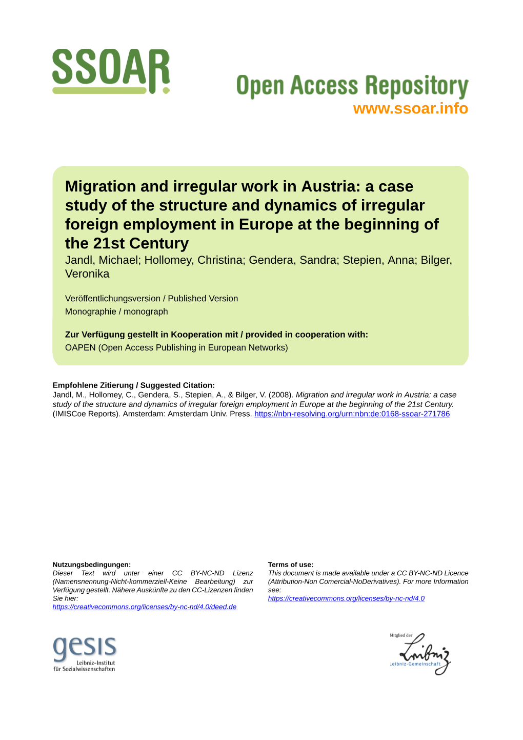 Migration and Irregular Work in Austria: a Case Study of the Structure And