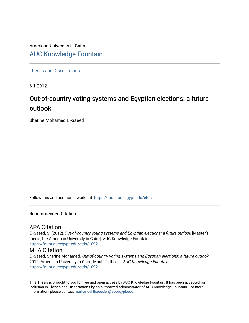 Out-Of-Country Voting Systems and Egyptian Elections: a Future Outlook