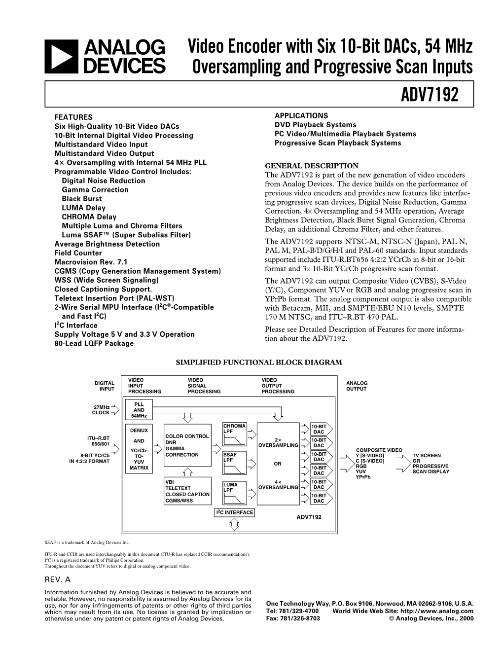 PDF 652 Kb ADV7192: Video Encoder with Six 10-Bit